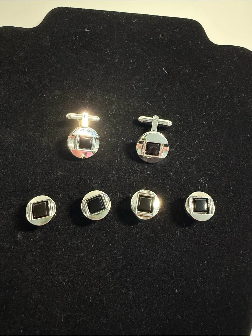 Silver Tone Black Onyx Inlay Cufflinks and Stud Set
